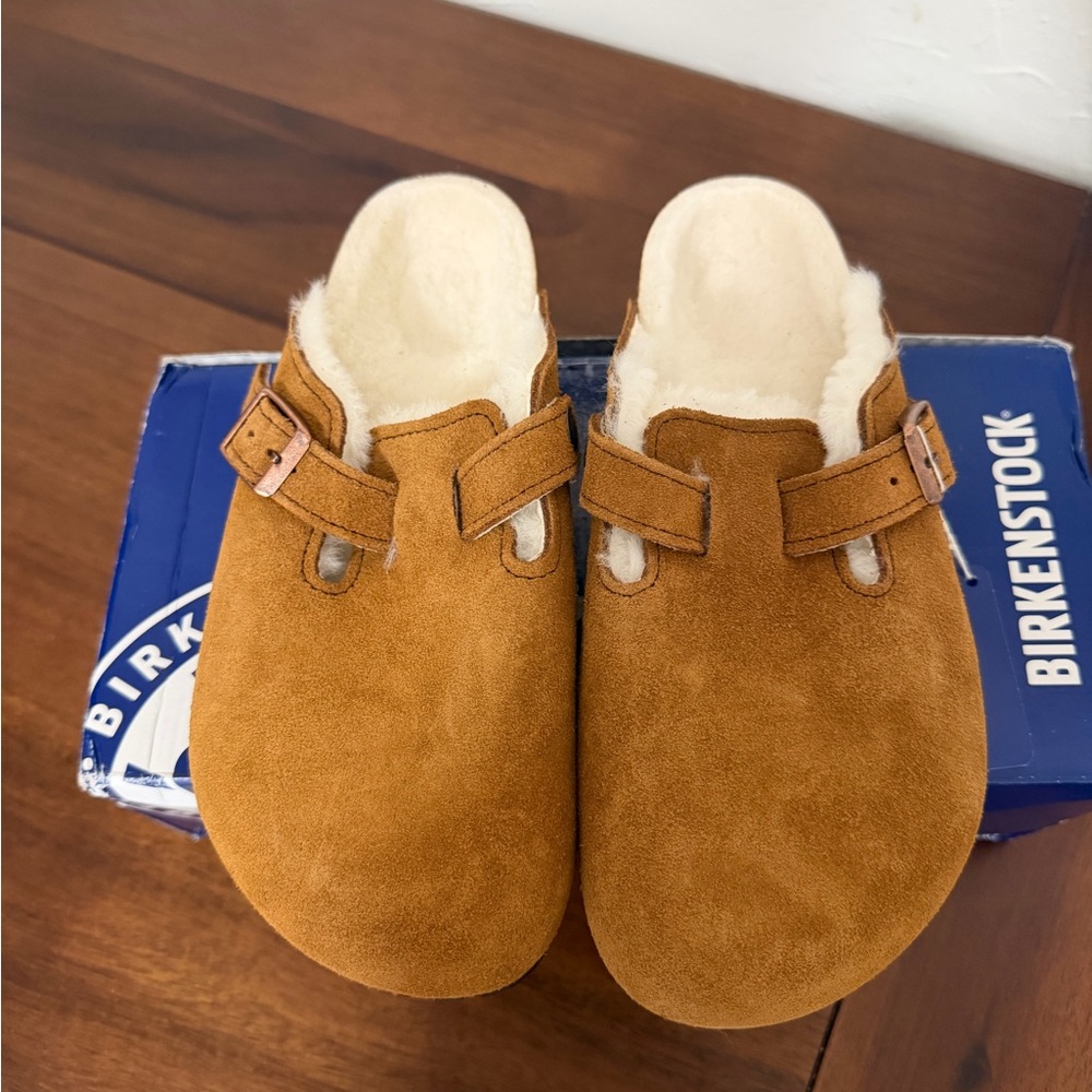 Birkenstock Tan Suede Shearling Clogs